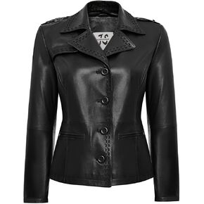 Women’s Genuine Leather Jacket – Leather Blazer with Notched Collar, Four Button Closure, Waist Pockets – Black Jacket Women. in Saudi Arabia