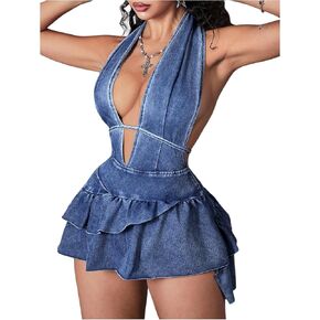 فستان نسائي قصير برقبة على شكل حرف V من WDIRARA بدون ظهر من قماش الدنيم بدون أكمام مكشكش على شكل حرف A in Kuwait