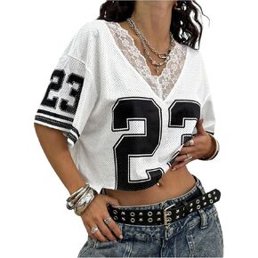 SOLY HUX Women's Y2k Jersey Shirt Lace Mesh Number Graphic Tees V Neck Half Sleeve Summer Crop Tops Streetwear in Saudi Arabia