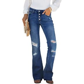 Sidefeel Women's Flare Jeans Ripped High Waisted Bell Bottom Bootcut Wide Leg Denim Pants Blue Size 10 in Kuwait