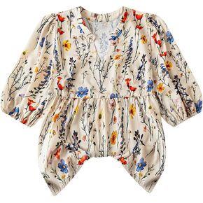 SweatyRocks Women's Floral Print Blouse V Neck Puff Short Sleeve Vacation Shirt Peplum Tops in Kuwait