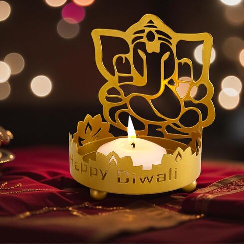 ديوالي الشاي ضوء شمعة حامل معدني غانيشا الظل لوتس السمن حامل مصباح زيت دياس هدايا لديوالي بوجا البوذية لوازم المذبح للمعابد ديكور هدية بوجا معبد ماندير (لوتس) in Kuwait