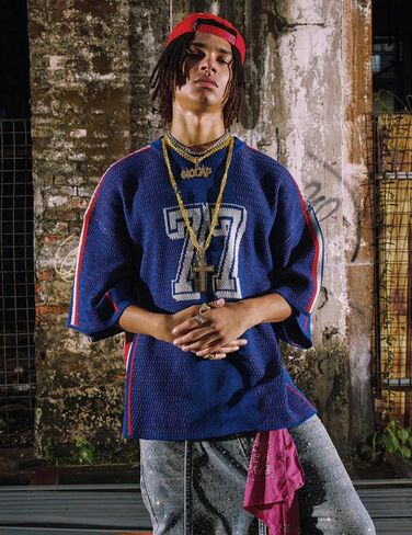 Aelfric Eden T Shirts Number Stripe Unisex Oversized Graphic Knit Tee Color Blocking Streetwear Tops in Saudi Arabia