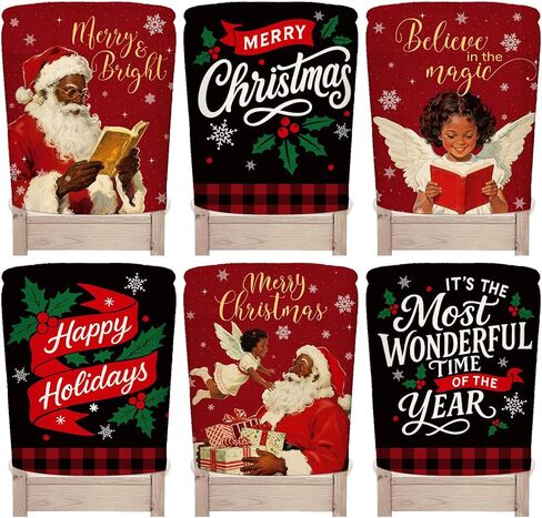 Whaline 6Pcs Christmas Chair Back Cover African American Black Santa Angel Seat Covers Dining Chair Slipcover Protector for Winter Xmas Home Kitchen Decor in Saudi Arabia