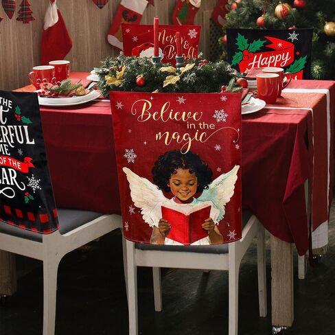 Whaline 6Pcs Christmas Chair Back Cover African American Black Santa Angel Seat Covers Dining Chair Slipcover Protector for Winter Xmas Home Kitchen Decor in Saudi Arabia