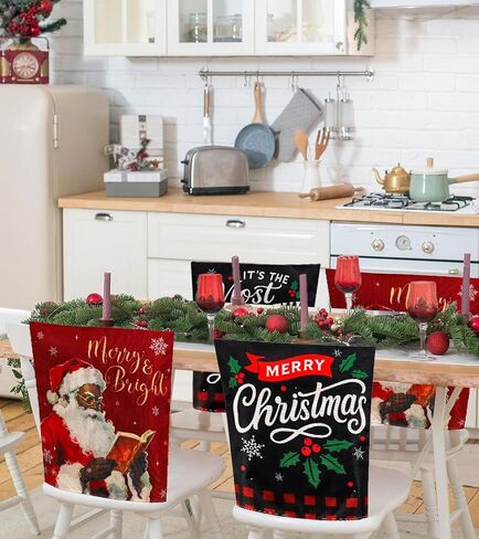 Whaline 6Pcs Christmas Chair Back Cover African American Black Santa Angel Seat Covers Dining Chair Slipcover Protector for Winter Xmas Home Kitchen Decor in Saudi Arabia