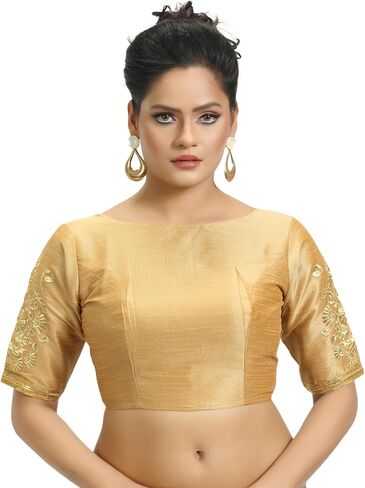 Women's Poly Raw Silk Readymade Saree Blouse with Embroidered Half Sleeves in Kuwait