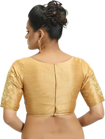 Women's Poly Raw Silk Readymade Saree Blouse with Embroidered Half Sleeves in Kuwait