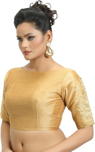 Women's Poly Raw Silk Readymade Saree Blouse with Embroidered Half Sleeves in Kuwait
