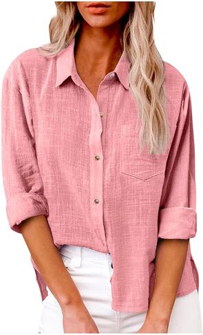 LRMQS Linen Shirts for Women Summer Long Sleeve Lapel Button Down Blouse Lightweight Gauze Loose Casual Fashion Shirt Clothes in Kuwait