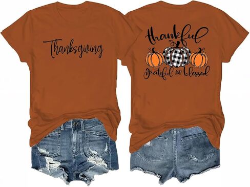 قمصان الخريف النسائية لعيد الهالوين، ملابس عيد الشكر، تي شيرت برسوم على الوجهين من الأمام والخلف، قطعة واحدة in Kuwait
