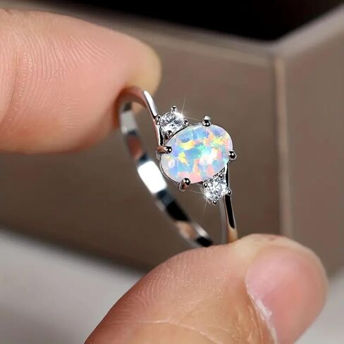 Premium Silver Plated Ring Inlaid with Opal in Egg Shape, Premium Jewelry for Women, Ideal for Daily Outfits and Special Occasions in Saudi Arabia