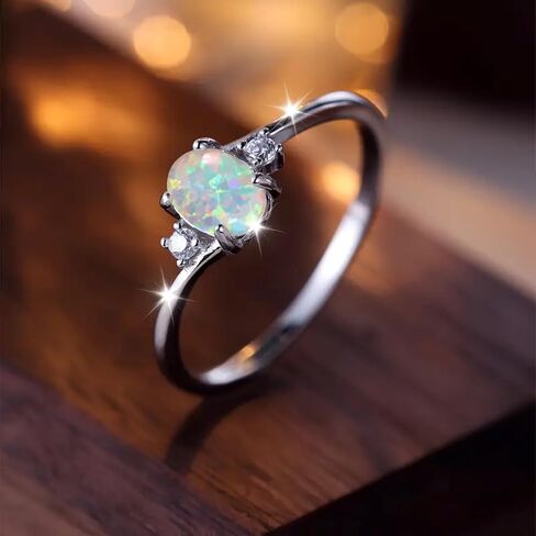 Premium Silver Plated Ring Inlaid with Opal in Egg Shape, Premium Jewelry for Women, Ideal for Daily Outfits and Special Occasions in Saudi Arabia