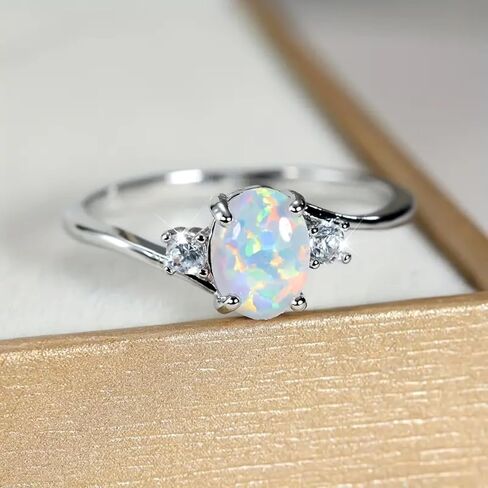 Premium Silver Plated Ring Inlaid with Opal in Egg Shape, Premium Jewelry for Women, Ideal for Daily Outfits and Special Occasions in Saudi Arabia
