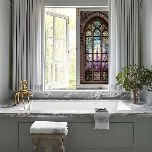 1PC Stained Glass Style Window Film 17.3 × 39.4 Inch White Dove Cross and Grapevine Decorative Privacy Static Cling Glass Cover for Home Church Office Living Room Door Window Decor in Kuwait