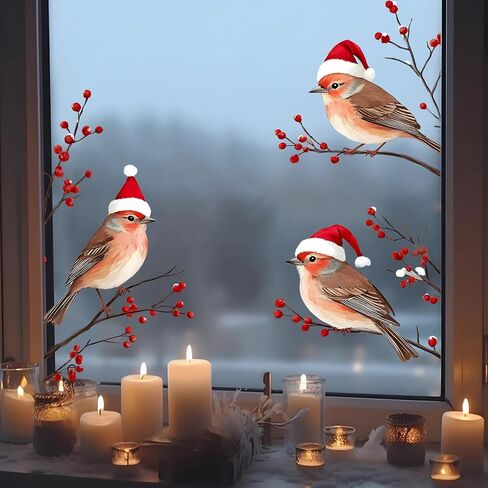 3 Birds in Santa Hats Window Stickers, Christmas Decoration Theme Suitable for Living Room and Bedroom Glass Door and Window Decorative Stickers, Double-Sided Printing (12.99in*12.2in) in Saudi Arabia