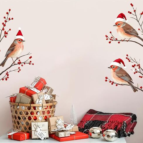 3 Birds in Santa Hats Window Stickers, Christmas Decoration Theme Suitable for Living Room and Bedroom Glass Door and Window Decorative Stickers, Double-Sided Printing (12.99in*12.2in) in Saudi Arabia