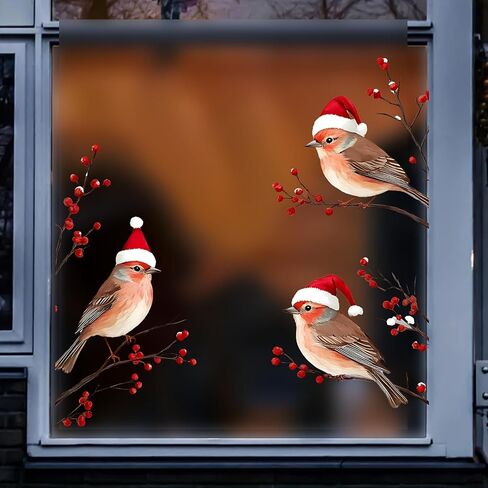 3 Birds in Santa Hats Window Stickers, Christmas Decoration Theme Suitable for Living Room and Bedroom Glass Door and Window Decorative Stickers, Double-Sided Printing (12.99in*12.2in) in Saudi Arabia