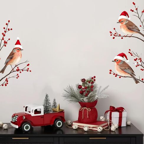 3 Birds in Santa Hats Window Stickers, Christmas Decoration Theme Suitable for Living Room and Bedroom Glass Door and Window Decorative Stickers, Double-Sided Printing (12.99in*12.2in) in Saudi Arabia