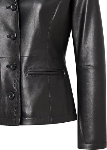 Women’s Genuine Leather Jacket – Leather Blazer with Notched Collar, Four Button Closure, Waist Pockets – Black Jacket Women. in Saudi Arabia