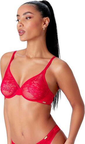 Gossard Women's Glossies Lace Semi-Sheer Underwire Bra- Everyday Basic, Adjustable Straps, Red (Chilli Red), 32FF in Kuwait