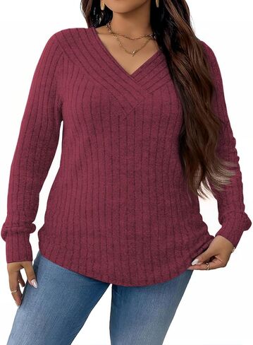 VISLILY Plus-Size-Sweaters for Women Trendy Long Sleeve V Neck Shirts Loose Lightweight Tops Casual Knit Pullover Tunics in Saudi Arabia