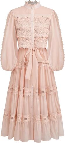 CIDER Maxi Dress Button Solid Turtle Neck Guipure Chiffon Long Sleeve Pearl Middle Waist Elegant Women Dress in Saudi Arabia