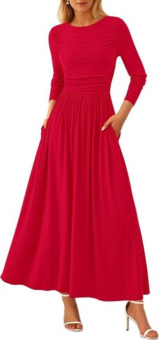 PRETTYGARDEN Women's Spring Casual Long Sleeve Maxi Dresses Crewneck Ruched A Line Flowy Elegant Modest Going Out Dress in Saudi Arabia