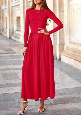 PRETTYGARDEN Women's Spring Casual Long Sleeve Maxi Dresses Crewneck Ruched A Line Flowy Elegant Modest Going Out Dress in Saudi Arabia