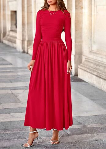 PRETTYGARDEN Women's Spring Casual Long Sleeve Maxi Dresses Crewneck Ruched A Line Flowy Elegant Modest Going Out Dress in Saudi Arabia