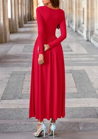 PRETTYGARDEN Women's Spring Casual Long Sleeve Maxi Dresses Crewneck Ruched A Line Flowy Elegant Modest Going Out Dress in Saudi Arabia