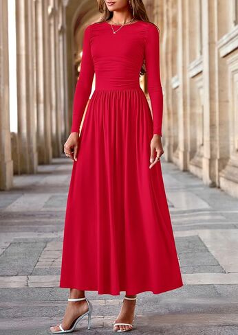 PRETTYGARDEN Women's Spring Casual Long Sleeve Maxi Dresses Crewneck Ruched A Line Flowy Elegant Modest Going Out Dress in Saudi Arabia