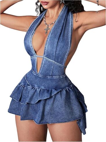 فستان نسائي قصير برقبة على شكل حرف V من WDIRARA بدون ظهر من قماش الدنيم بدون أكمام مكشكش على شكل حرف A in Kuwait