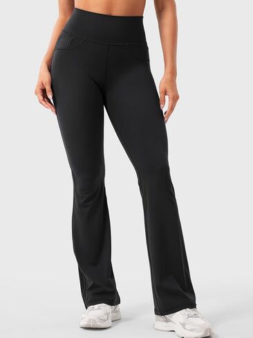 YEOREO CoreFlex Women Workout Flare Leggings with Pockets Hidden Scrunch Cargo Gym Yoga Pants Pure Black L in Saudi Arabia