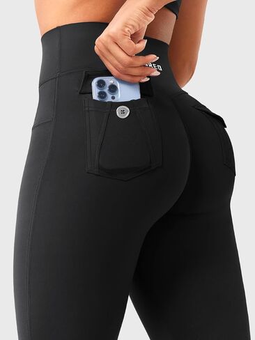 YEOREO CoreFlex Women Workout Flare Leggings with Pockets Hidden Scrunch Cargo Gym Yoga Pants Pure Black L in Saudi Arabia