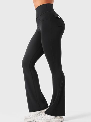 YEOREO CoreFlex Women Workout Flare Leggings with Pockets Hidden Scrunch Cargo Gym Yoga Pants Pure Black L in Saudi Arabia