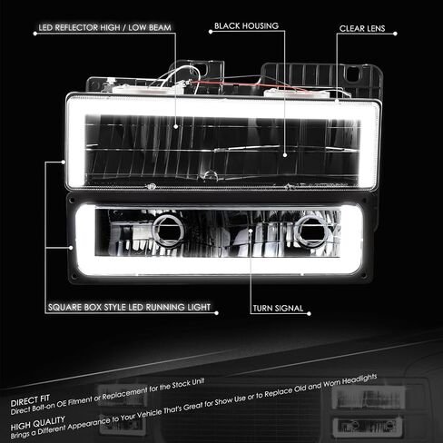 DNA MOTORING مربع الشكل LED DRL مصباح أمامي + مجموعة مصابيح إشارة متوافقة مع 92-99 Chevy GMC C/K 1500 2500 Suburban Yukon، أسود، HL-LB5-4P-C10-BK in Saudi Arabia