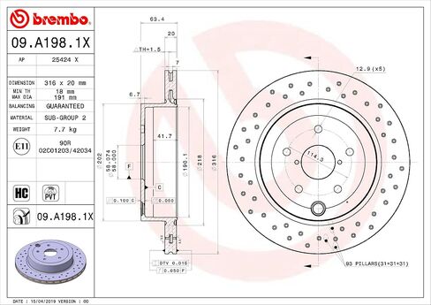 Brembo 09.A198.1X Xtra UV Coated Pillar Vented drilled Rear Brake Rotor SUBARU OE# 26700FG010 in Saudi Arabia
