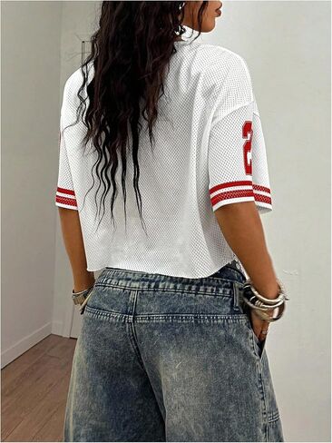 قميص جيرسي نسائي Y2k من SOLY HUX تي شيرت برسومات شبكية من الدانتيل ورقبة على شكل V نصف كم ملابس صيفية قصيرة ملابس الشارع in Kuwait