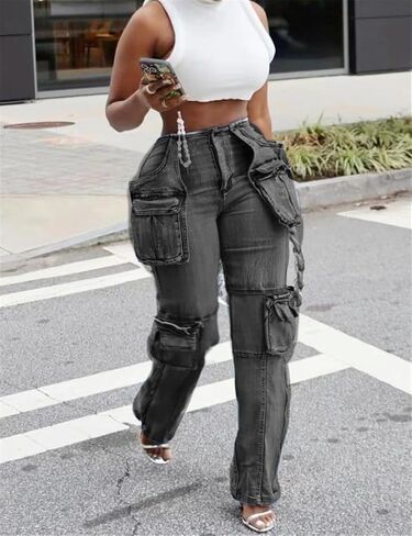 Women Baggy Denim Cargo Straight Leg Jeans with Pockets All Over in Saudi Arabia