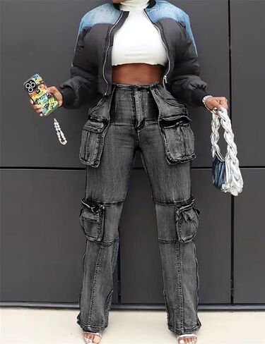 Women Baggy Denim Cargo Straight Leg Jeans with Pockets All Over in Saudi Arabia