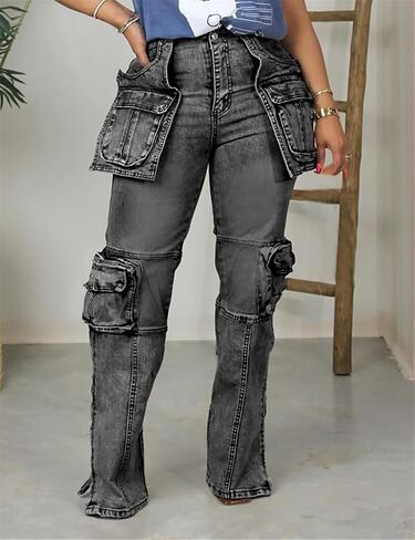 Women Baggy Denim Cargo Straight Leg Jeans with Pockets All Over in Saudi Arabia