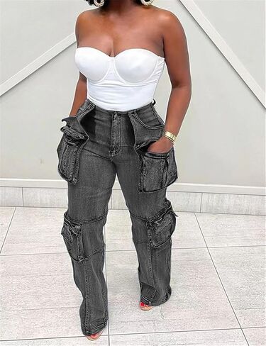 Women Baggy Denim Cargo Straight Leg Jeans with Pockets All Over in Saudi Arabia