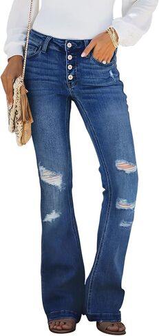 Sidefeel Women's Flare Jeans Ripped High Waisted Bell Bottom Bootcut Wide Leg Denim Pants Blue Size 10 in Saudi Arabia