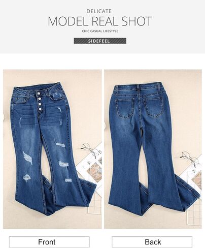 Sidefeel Women's Flare Jeans Ripped High Waisted Bell Bottom Bootcut Wide Leg Denim Pants Blue Size 10 in Saudi Arabia