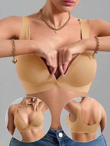 Deep V Front Closure Seamless Bra - Wide Straps U Back Design, Easy Hook Wireless Comfort Bra for Sleep & Daily Wear in Saudi Arabia
