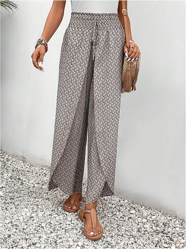 بنطال Verdusa النسائي ذو فتحة ملفوفة وفضفاضة ملفوفة للعطلات، بنطال طويل فضفاض غير رسمي in Kuwait