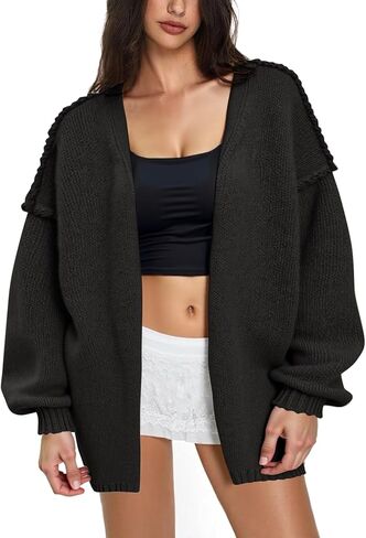 Women’s Oversized Knit Cardigan, Open Front Long Sleeve Chunky Sweater, Soft Cozy Beige Cardigan for Fall & Winter Layering in Saudi Arabia