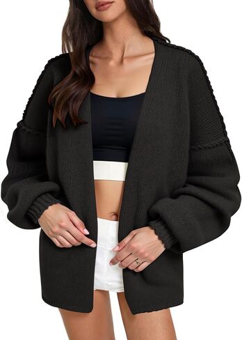 Women’s Oversized Knit Cardigan, Open Front Long Sleeve Chunky Sweater, Soft Cozy Beige Cardigan for Fall & Winter Layering in Saudi Arabia