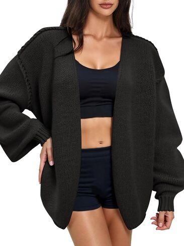 Women’s Oversized Knit Cardigan, Open Front Long Sleeve Chunky Sweater, Soft Cozy Beige Cardigan for Fall & Winter Layering in Saudi Arabia